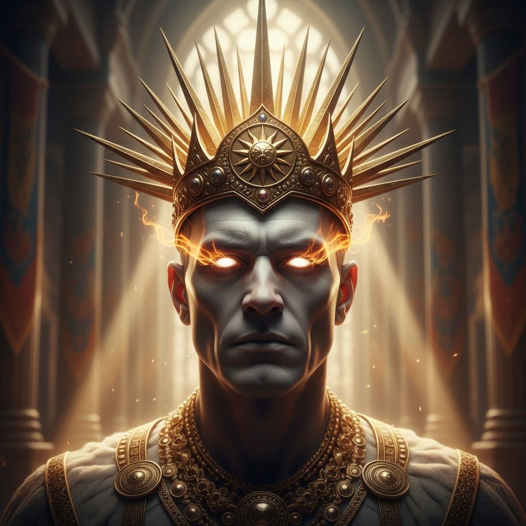 AI generated: Undefeated king with golden crown and necklaces, golden sunrays headdress, firey white eyes, silky s...