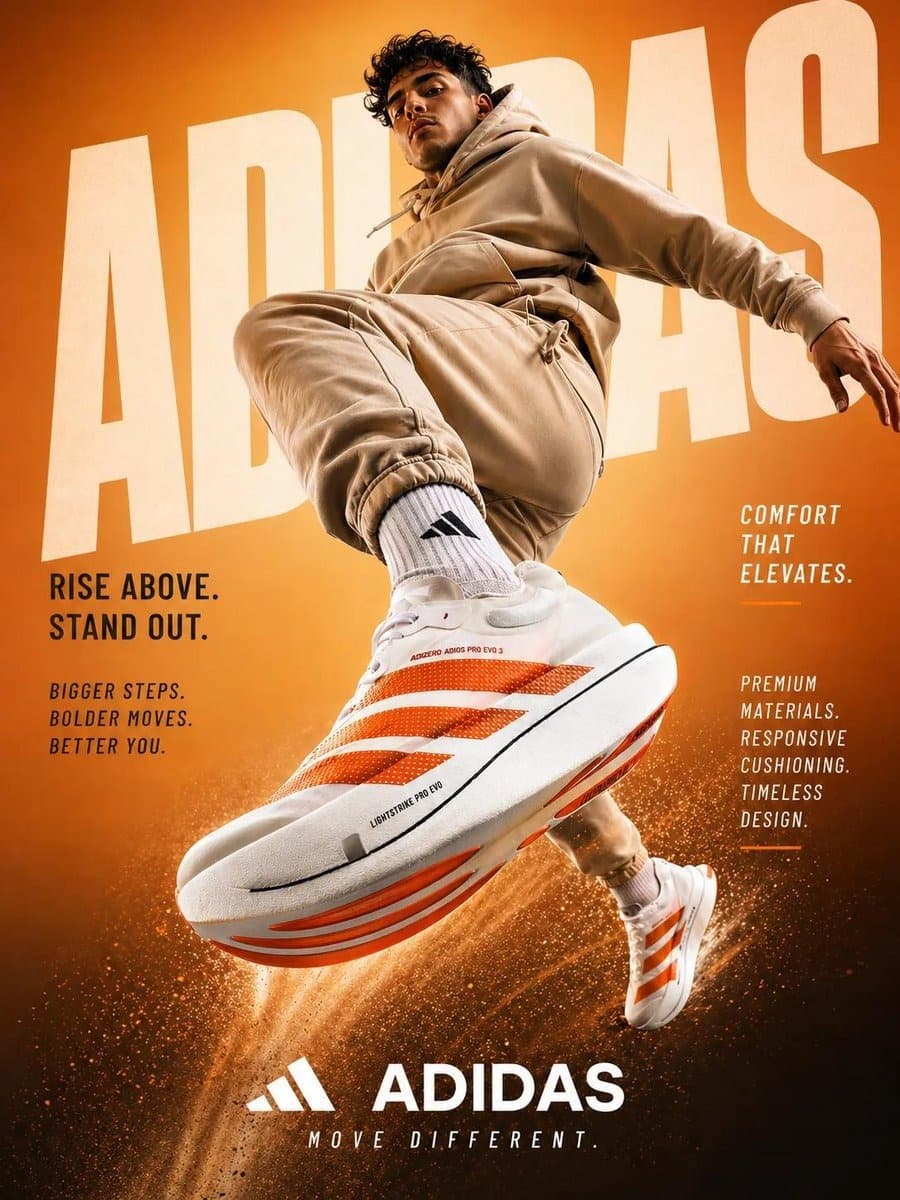 AI generated: A dynamic sportswear advertisement featuring a young athletic male model captured mid-air in an expl...