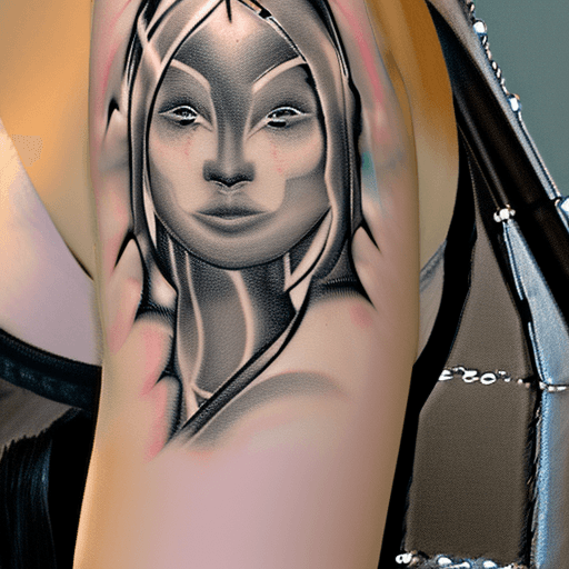 AI generated: a woman a tattoo on her arm and shoulder, in the style of mysterious beauty, algeapunk, asian-inspir...