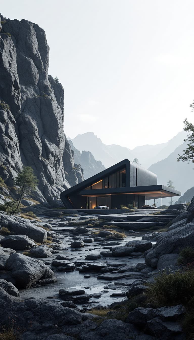 AI generated: the futuristic house in a rocky area with car, rock and house, in the style of dark gray and dark bl...