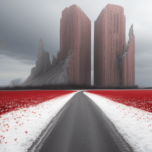AI generated: Snow scenery, road, red lilies blooming, two crumbled towers in the distance, grey clouds,