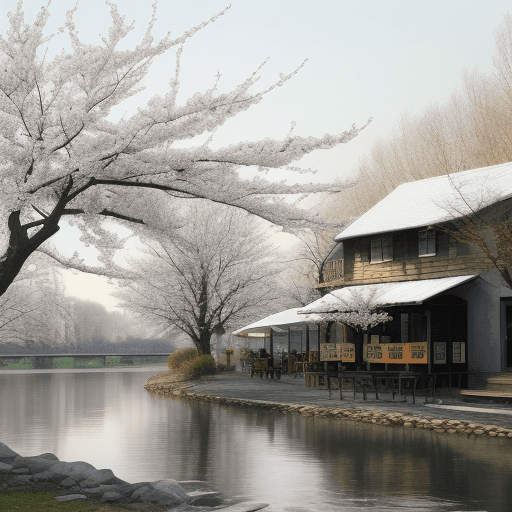AI generated: White coffee shop in the morning by the river White shop There is a tree In the spring