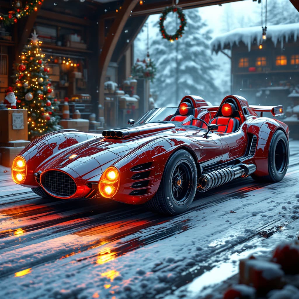 AI generated: General outline of a futuristic rocket powdered convertible Santa sled with missles and machine guns...