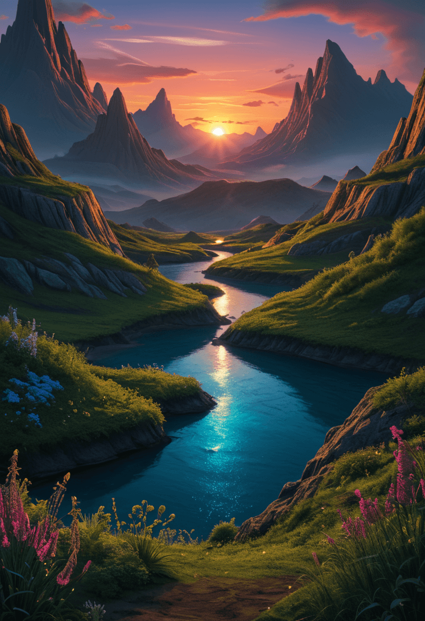 AI generated: Fantasy landscape,sunset,dynamic colors,bioluminescent alien plants,nebula,highres,realistic