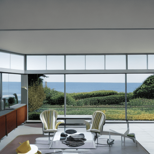 AI generated: Hyper realistic eye level exterior photo of a mid century modern style house overlooking the ocean, ...