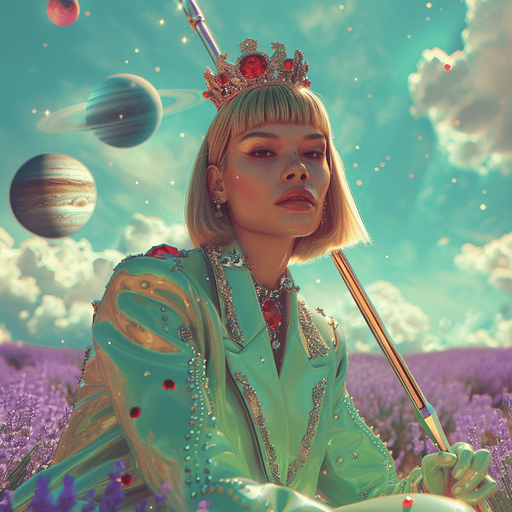 AI generated: She has blond straight hair. She is wearing a green suit. She is wearing gold and red diamonds crown...