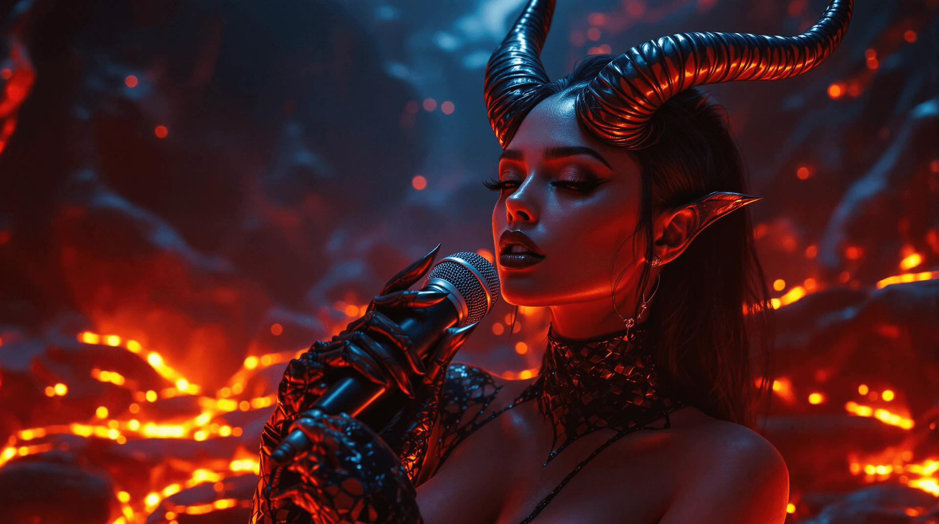 AI generated: extreme close-up right angle portrait the lips of a female (Lilith) red demon, bathed in a warm, gol...