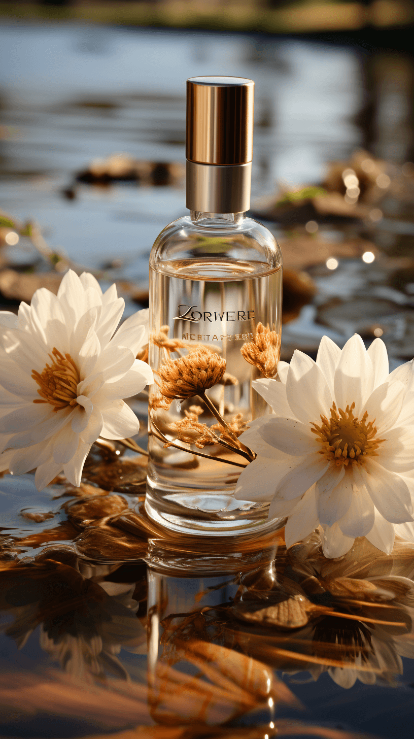 AI generated: Product photography, a small bottle of golden moisturizer and white flowers next to water, flowing w...