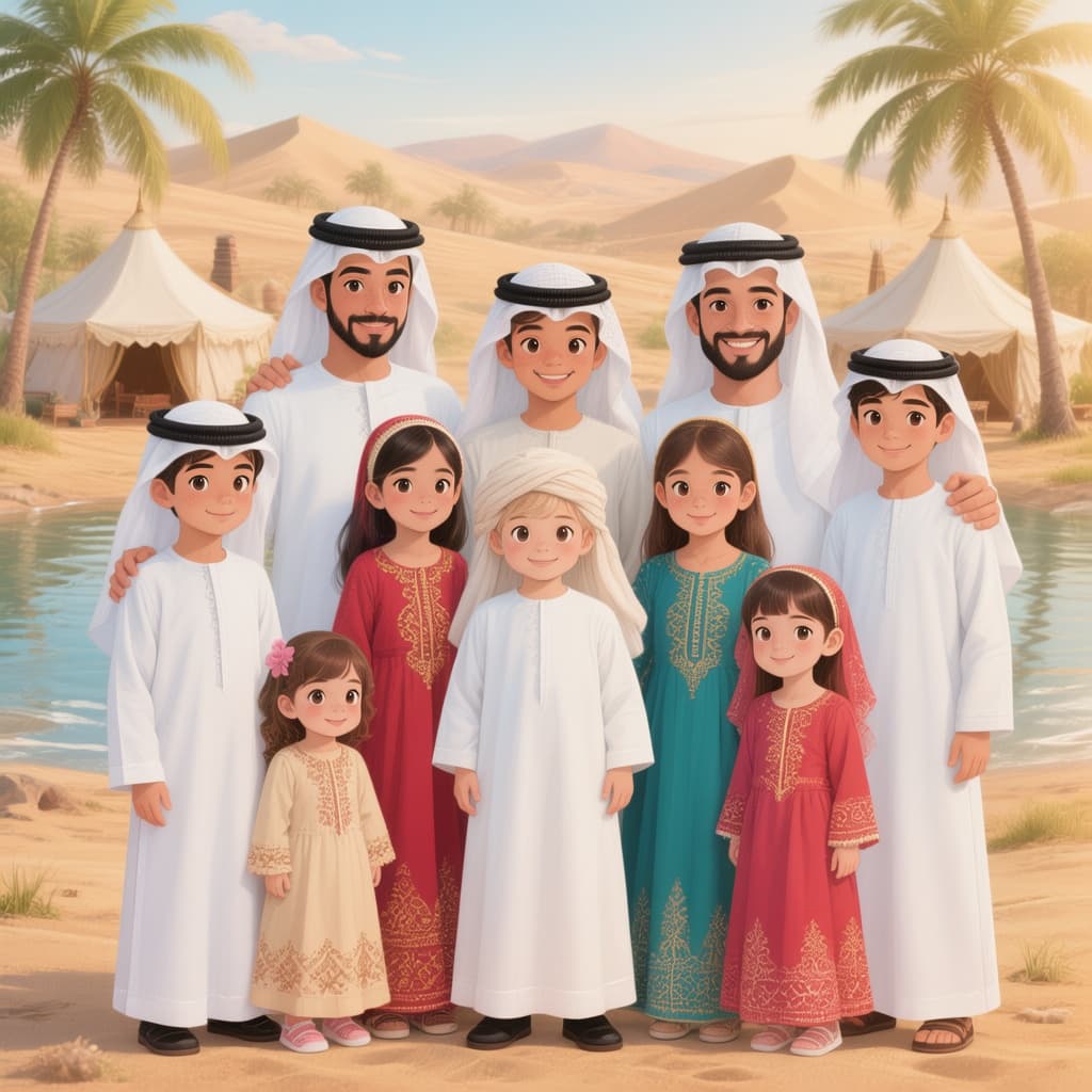 AI generated: A clean vector cartoon illustration of seven Emirati children and youths standing together in a semi...