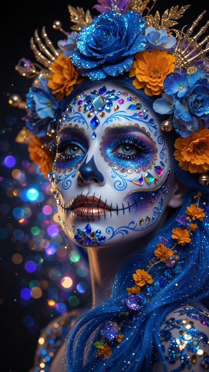 AI generated: A breathtaking close-up portrait of a beautiful young woman with intricate Día de los Muertos sugar ...