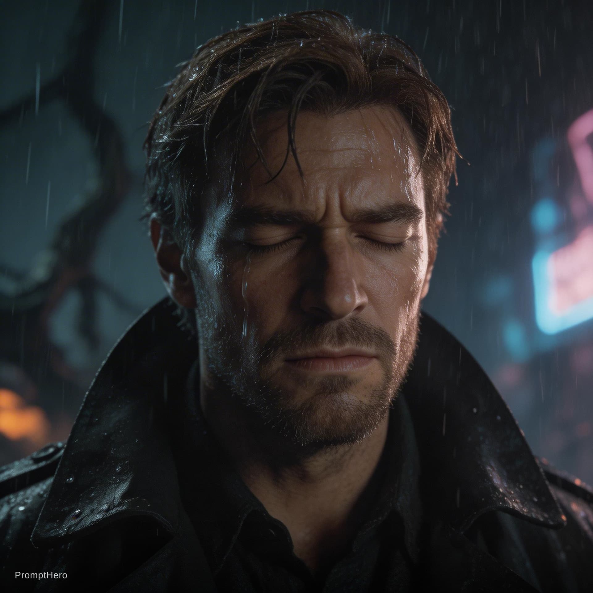 AI generated: A dramatic, close-up portrait of Alan Wake from Alan Wake 2, captured in a dark, rain-soaked night w...