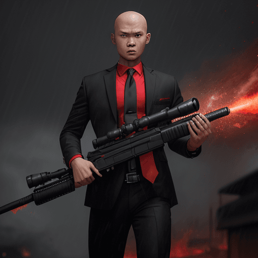 AI generated: photo of 25 year old Indonesian man, no hair, black jacket, red tie, black pants, red sports shoes, ...
