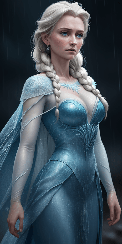 AI generated:  frozen elsa with a focus face, blue gold dress . standing in light rain. with realistic drop of rai...