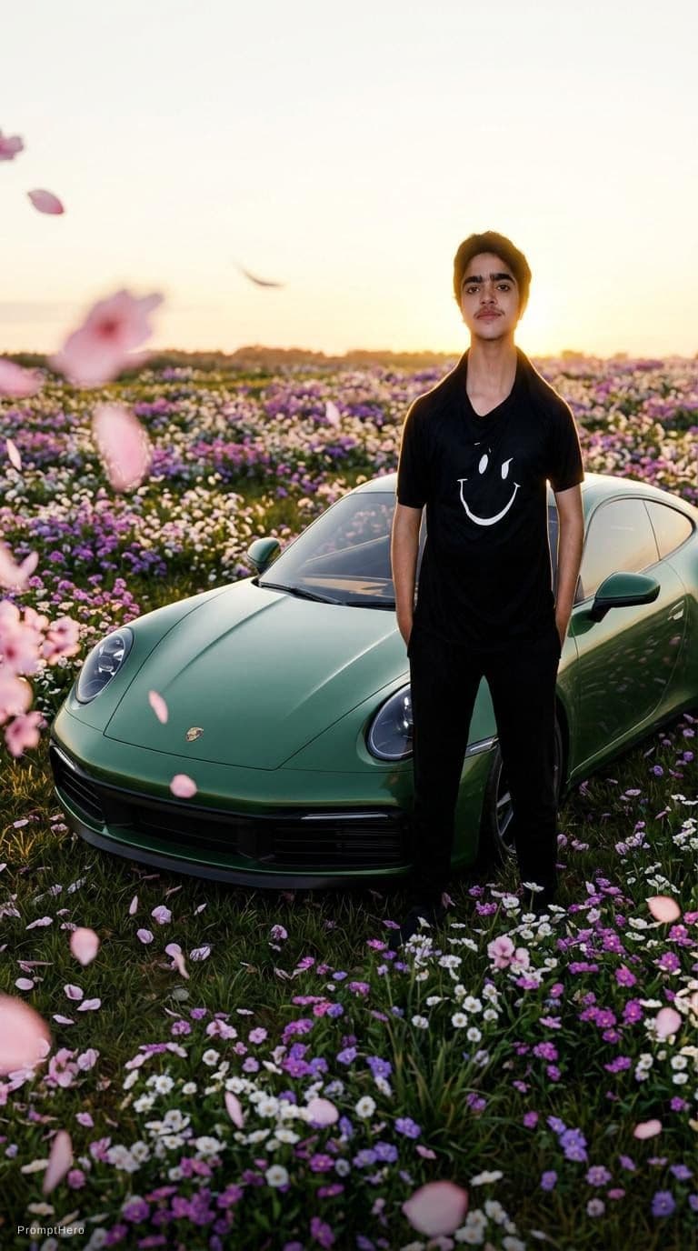 AI generated: extremely low shot of a forest green porche 911 in a field of flowers, add sakura petals in the fore...