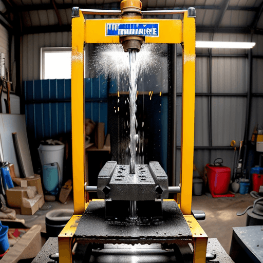AI generated: A hydraulic press pressing into itself taking up the entire picture in a messy garage