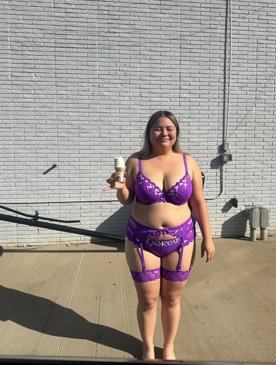 AI generated: Can you give her a tiny purple victoria secret lingerie set and make her upper chest bigger