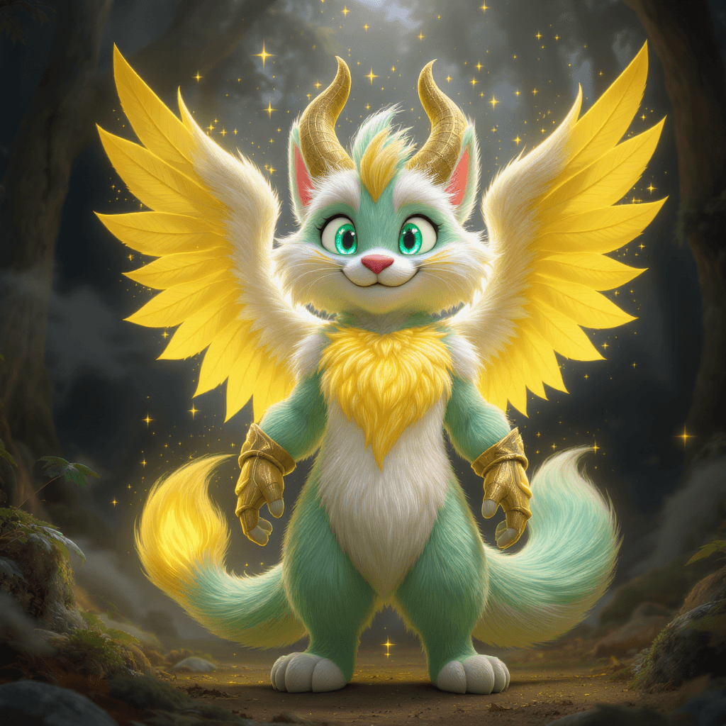 AI generated: Render a 3D Pixar-style image of Kibachu, a young alpha forest creature. He has glowing white and mi...