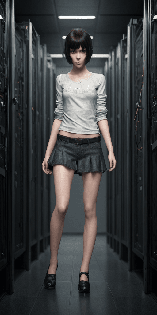 AI generated: (Full body:1) of a young girl, smart casual, hacker's server room, detailed face, ((cool facial expr...
