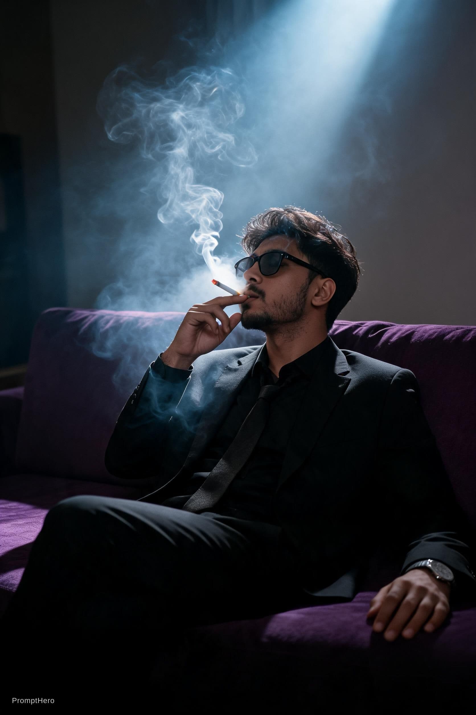 AI generated: snapshot, dimly lit room with a hazy atmosphere, capturing a male model lounging on a deep purple co...