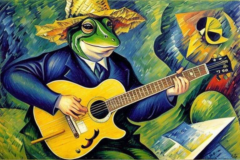 AI generated: frog playing guitar, oil painting, stark colours, style of Umberto Boccioni