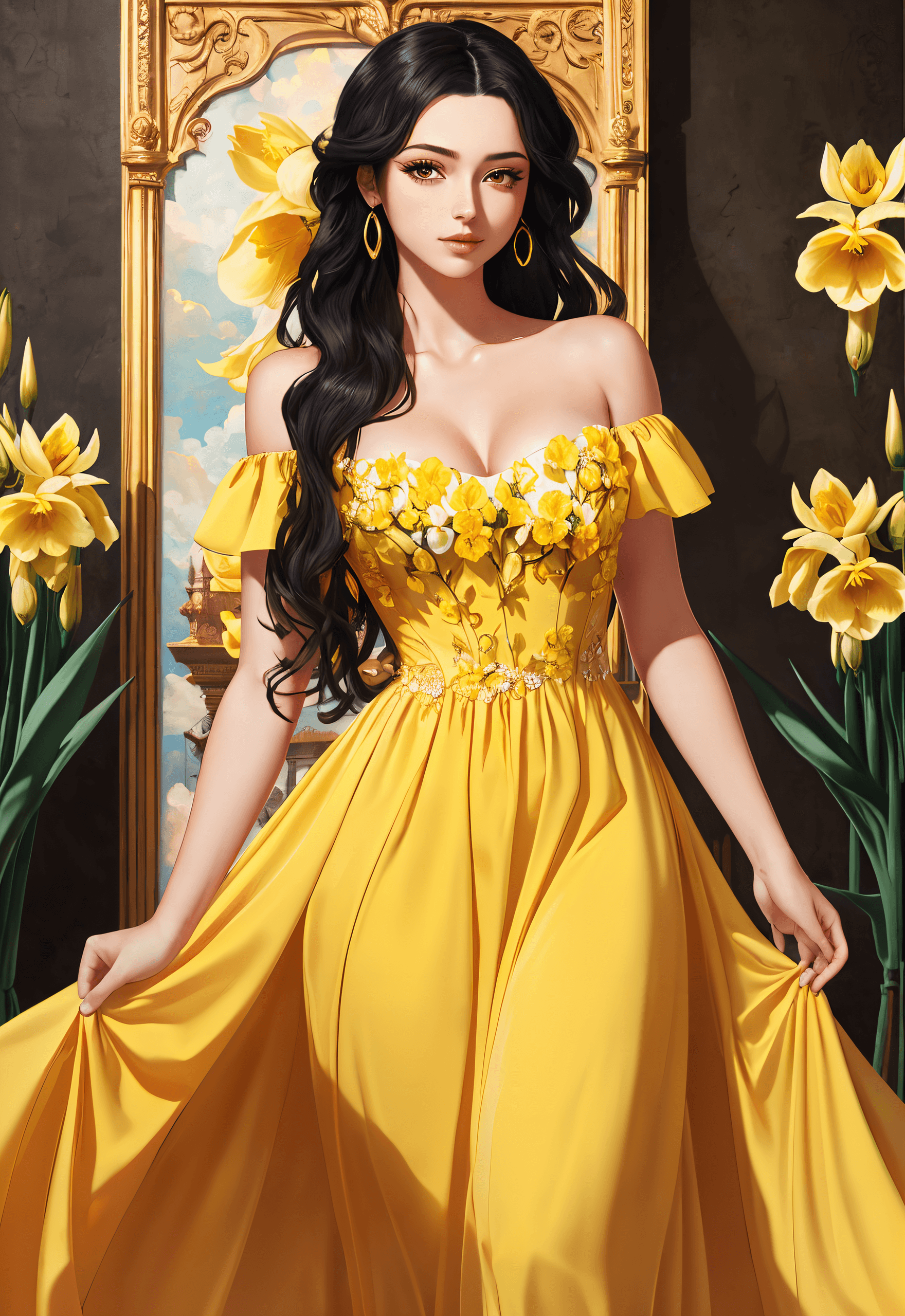 AI generated: Masterpiece, highest quality, single girl, romance fantasy, black hair, very long hair, yellow eyes,...