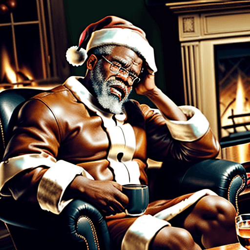 AI generated: ultra detailed cinematic photograph close up, front view frustrated African American Santa, hand on ...