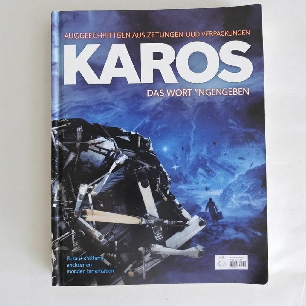 AI generated: AUSGECHNITTENE BUCHSTABEN AUS ZETUNGEN UND VERPACKUNGEN ERGEBEN DAS WORT "KAROS"