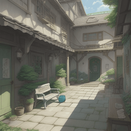 AI generated: painting of a courtyard with a table and a girl on a chair facing front and a bench, anime backgroun...