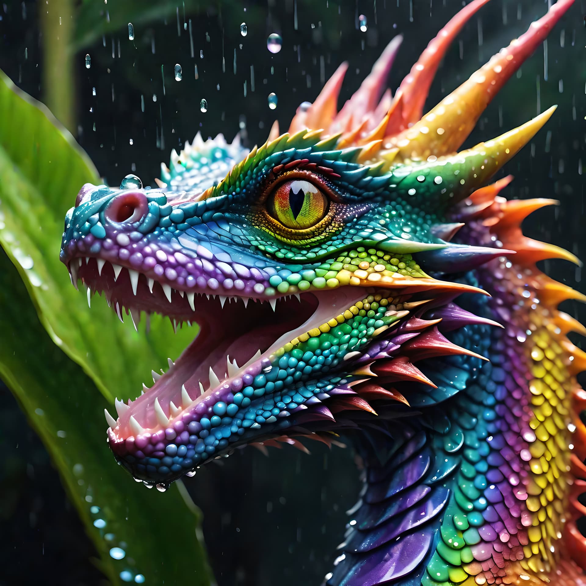 AI generated: An incredibly beautiful realistic nature shot of a rainbow colored dragon in the amazon rainforest s...
