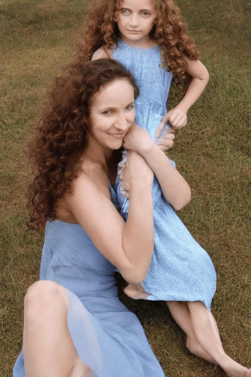 AI generated: (mother age 30:1.2), shoulder length hair, brown hair, natural curls, blue hazel eyes, perfect face,...