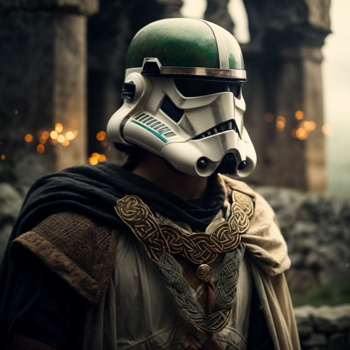 AI generated: Celtic storm trooper, Stone Ruins, Tall and Strong, with Celtic Knot Jewelry, Procreate, Watercolor ...