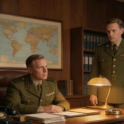 AI generated video: Inside a 1969 Pentagon office, one general sits behind a wooden desk while another stands beside him...
