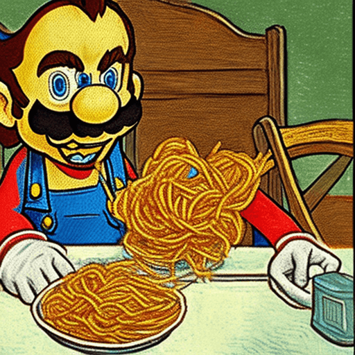 AI generated: Nintendo’s Mario eating spaghetti and meatballs in the style of Vincent van Gogh