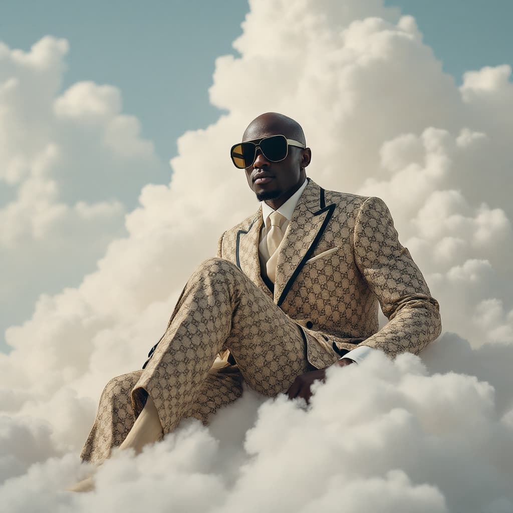 AI generated: A photo of an eccentric black man sitting on top of white fluffy clouds wearing big sunglasses and a...