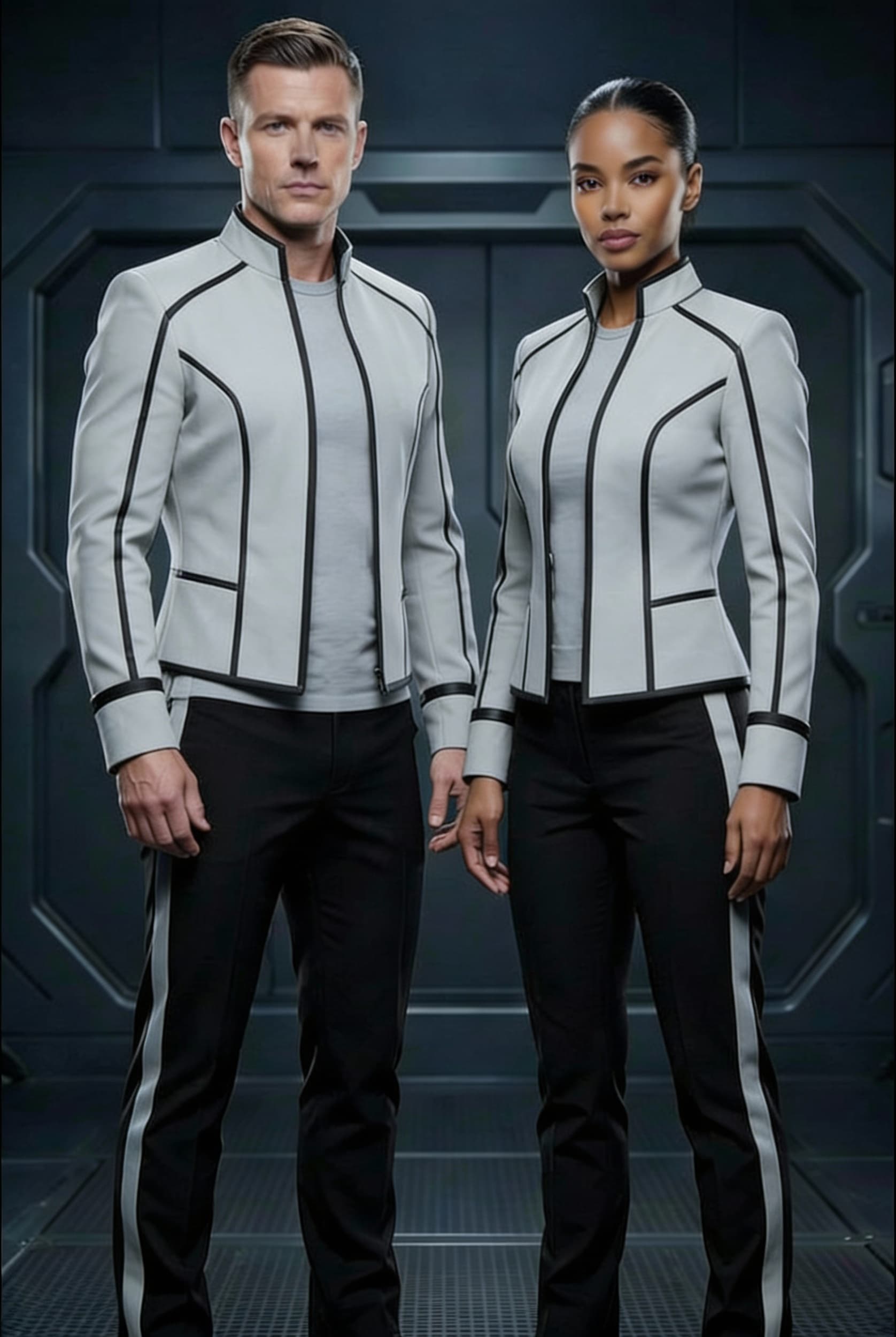 AI generated: Create a Sci-Fi uniform. Use the reference image and turn all red to Grey. The color of the uniform ...