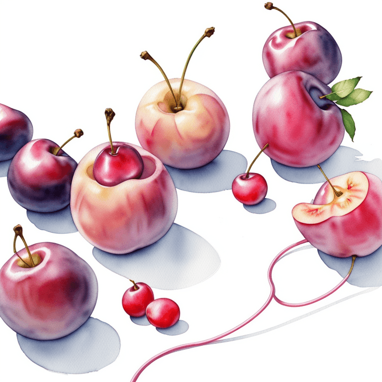 AI generated: watercolor pictures with food, plums and headphones isolated on a white background -- with shadows