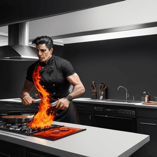 AI generated: ''fire'' the kitchen, ''burn'' the kitchen, dark, handsome chef, cartoon, stylish  representation, g...