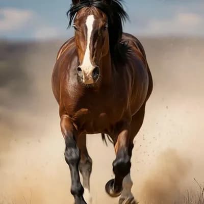 AI generated video: A beautiful, muscular horse running at a fast pace directly toward the camera across an open field, ...