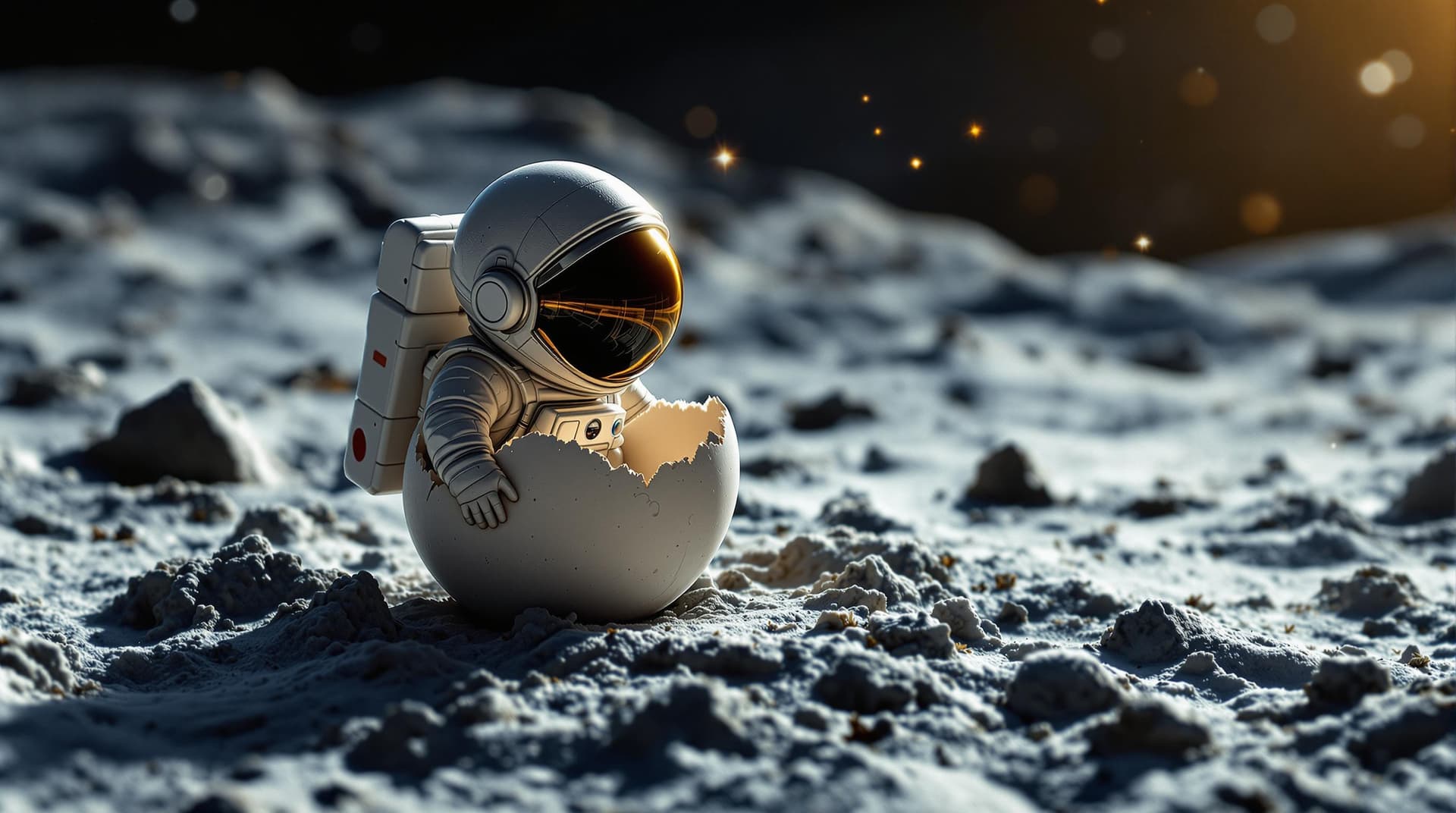 AI generated: a tiny astronaut hatching from an egg on the moon