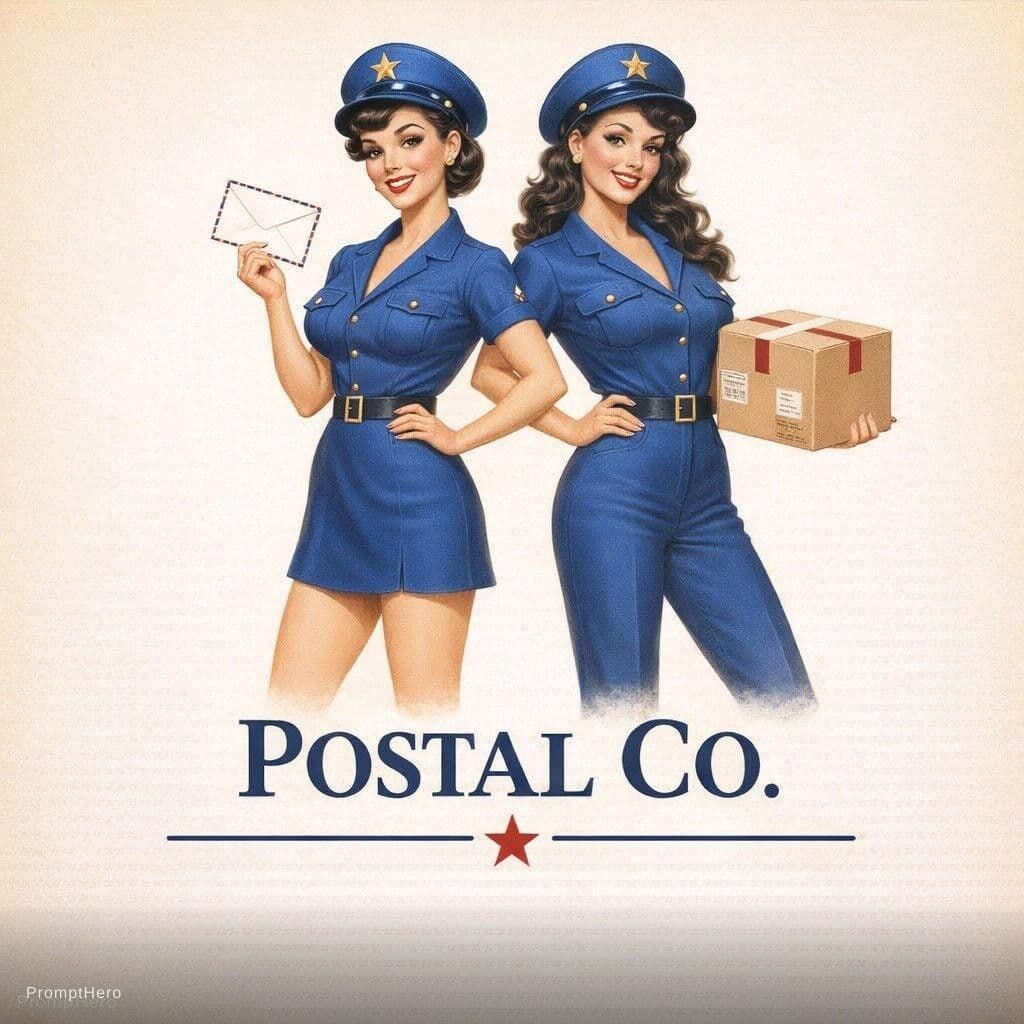 AI generated:  vintage 1940s pin-up style Vargas girls. in postal uniforms, one shorts or a skirt, and one in pair...