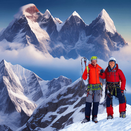 AI generated: Commemorative photo at K2 summit with climber and Sherpa, both in mountaineering attire, exuding tri...