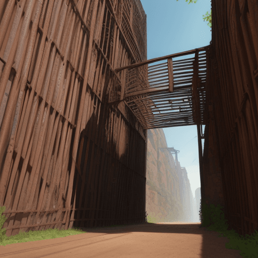AI generated: I need a high-detailed pixar style cartoon of a long, tall rusty thick Iron slat wall with no gaps d...