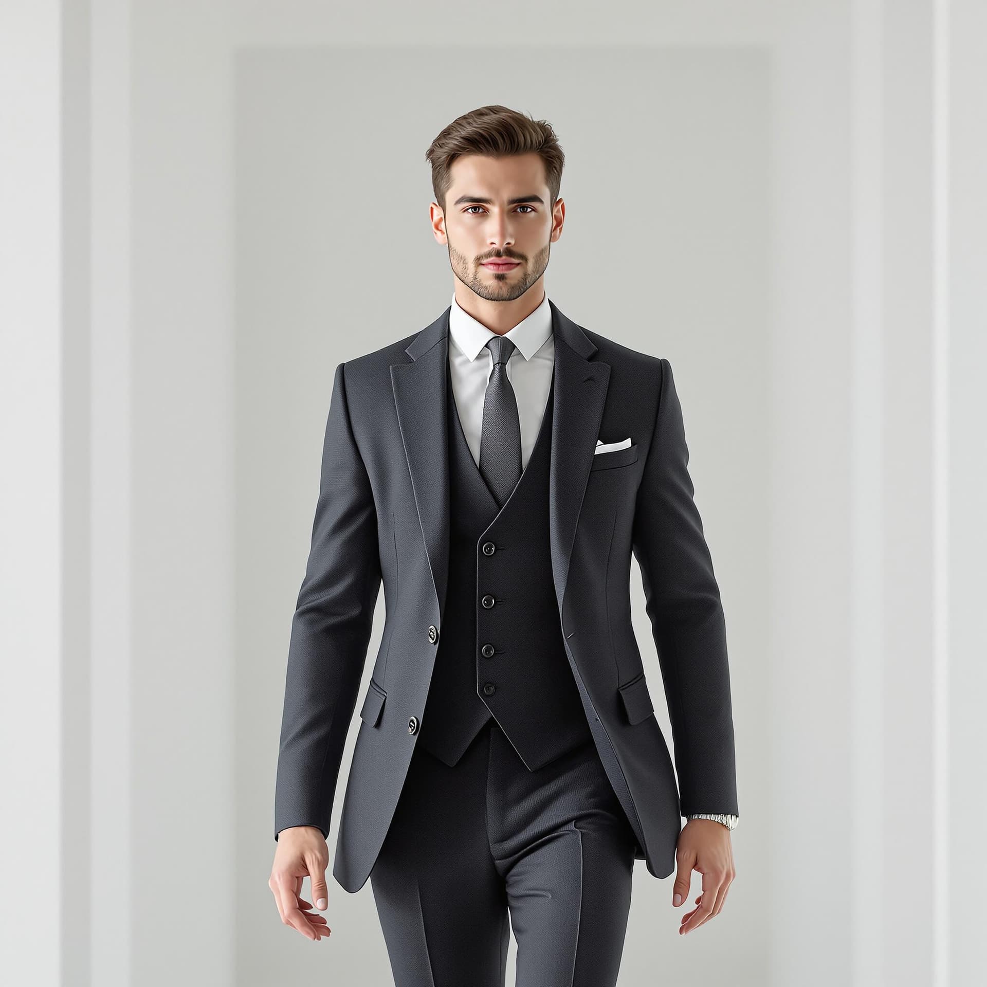 AI generated: A confident young man wearing a sharp three-piece suit, standing in a modern white room. He walks fo...