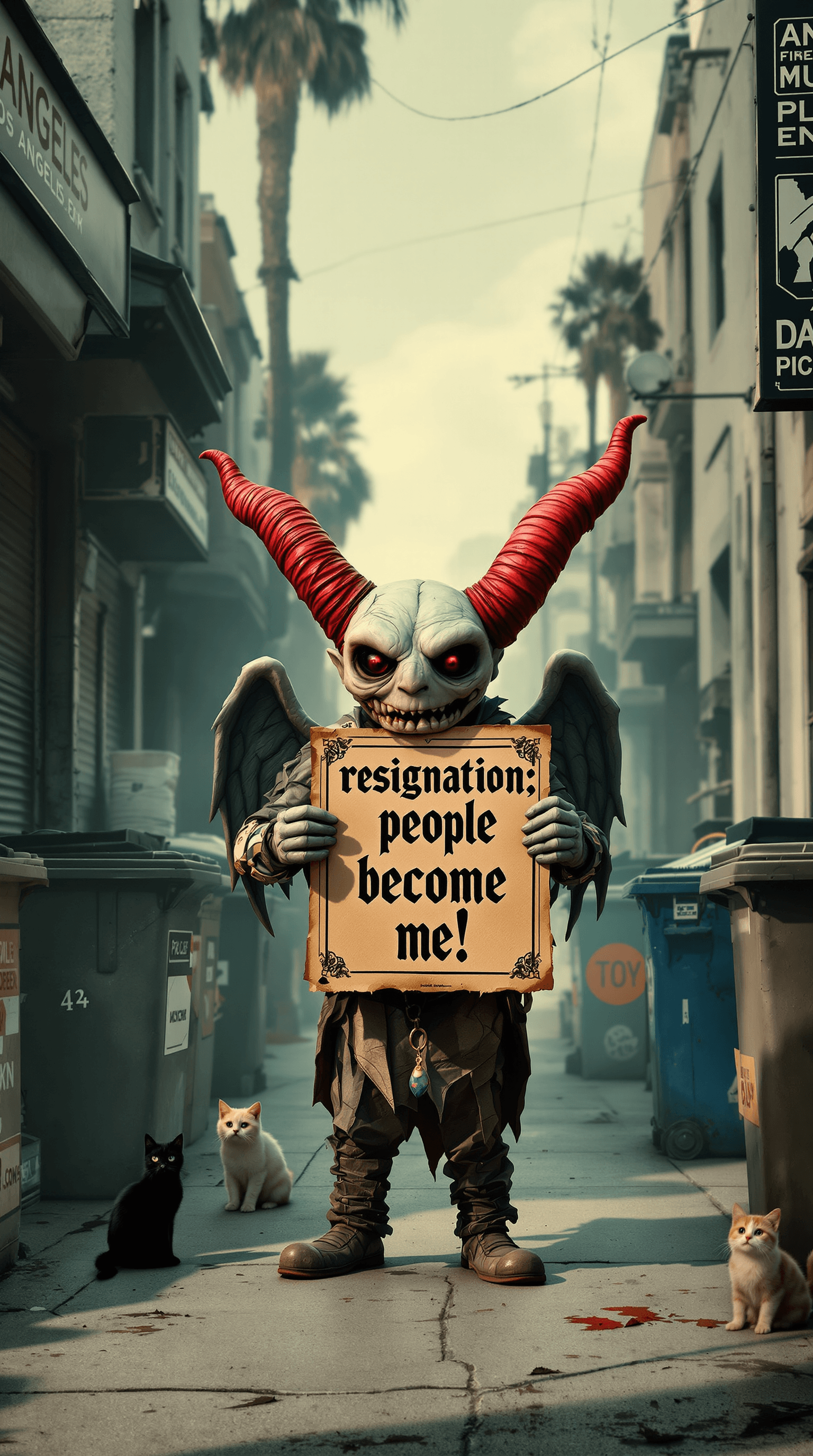 AI generated: An old, mystical clay devil character stands in a haunted street of Los Angeles, surrounded by waste...