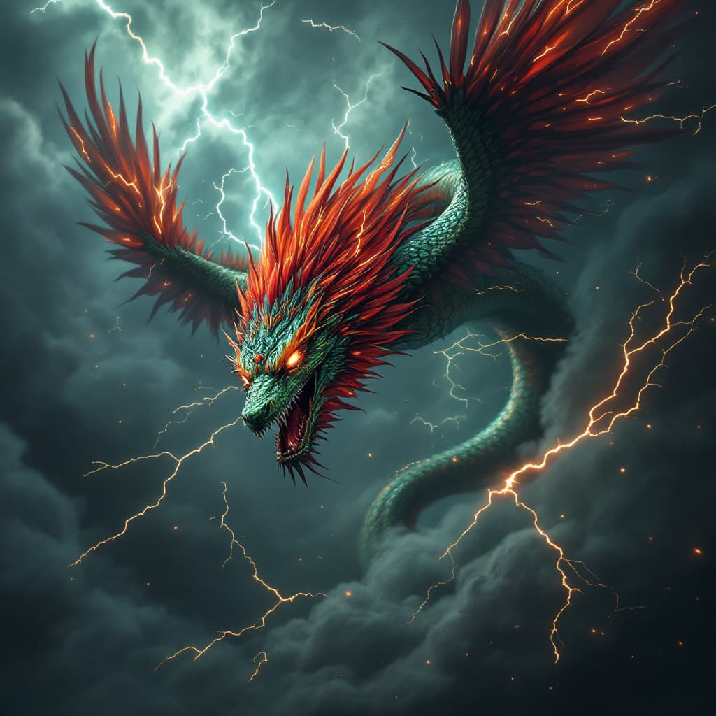 AI generated: A hyper-realistic depiction of Quetzalcoatl, the Mesoamerican feathered serpent god, flying through ...