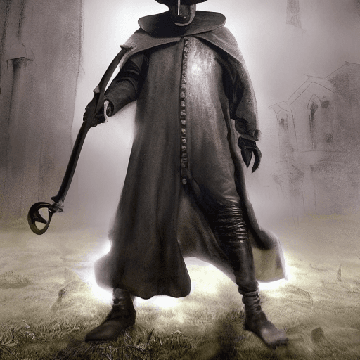 AI generated: 17th century Plague doctor, graveyard, fog, Hat, mask, leather, 6-shooter revolver, highly detailed,...