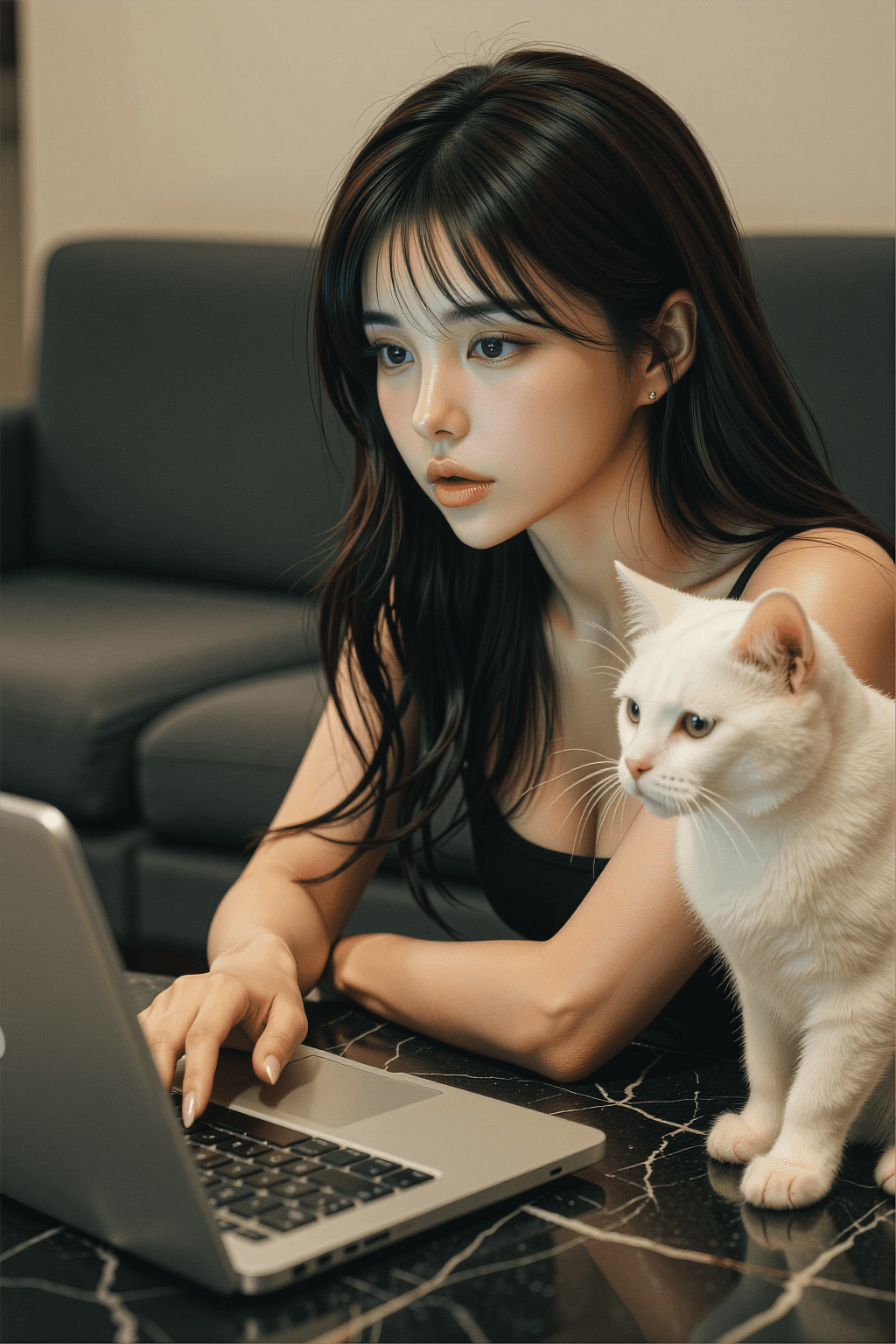 AI generated: A highly detailed, photorealistic, cinematic medium shot of a beautiful young East Asian woman worki...