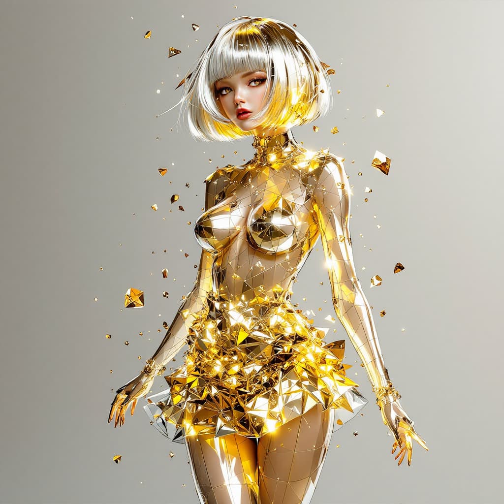 AI generated: Transparent short hair and short skirt girl made of gold diamonds