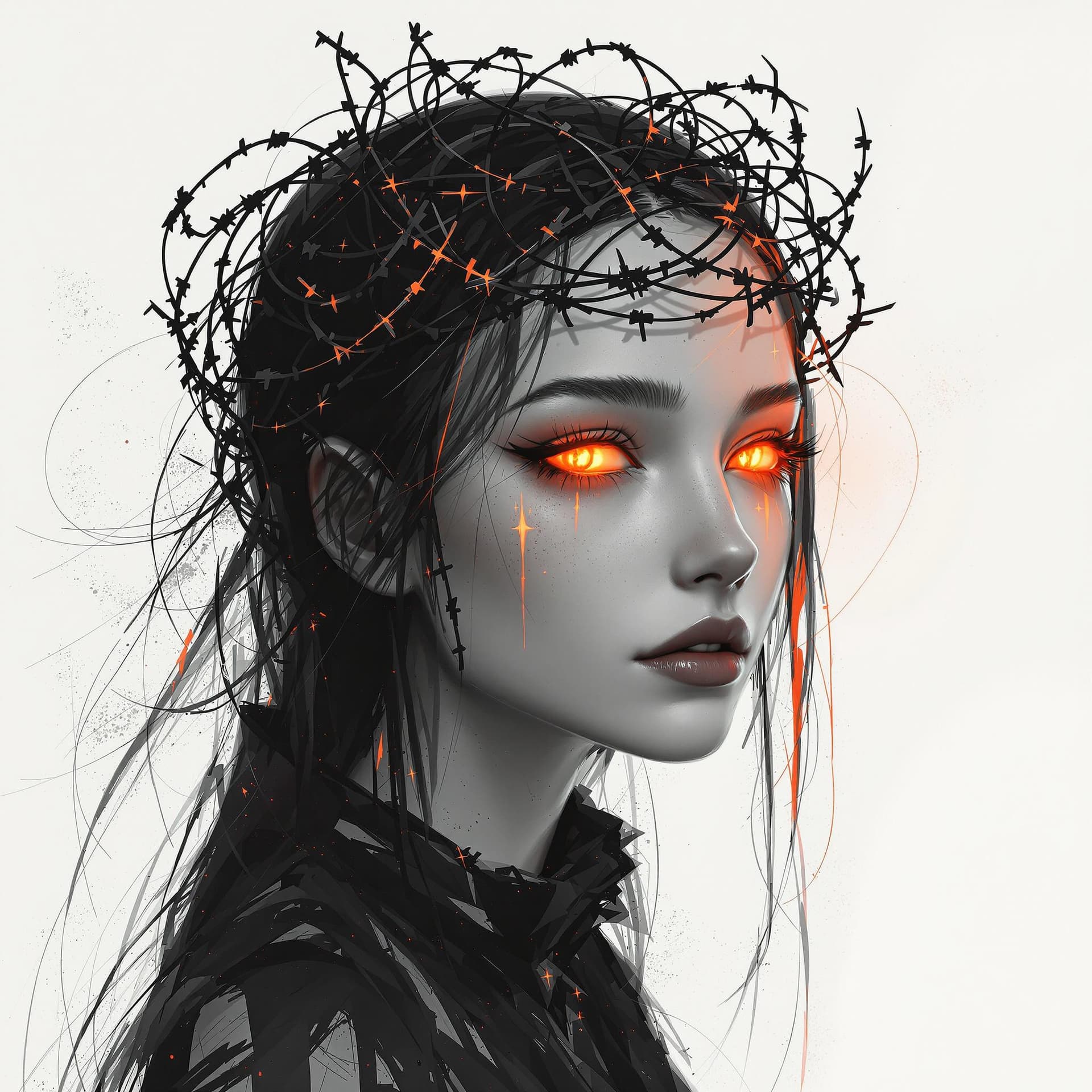 AI generated: n image of a female with crown of barbed wire and a glow orange, in the style of speedpainting, dark...