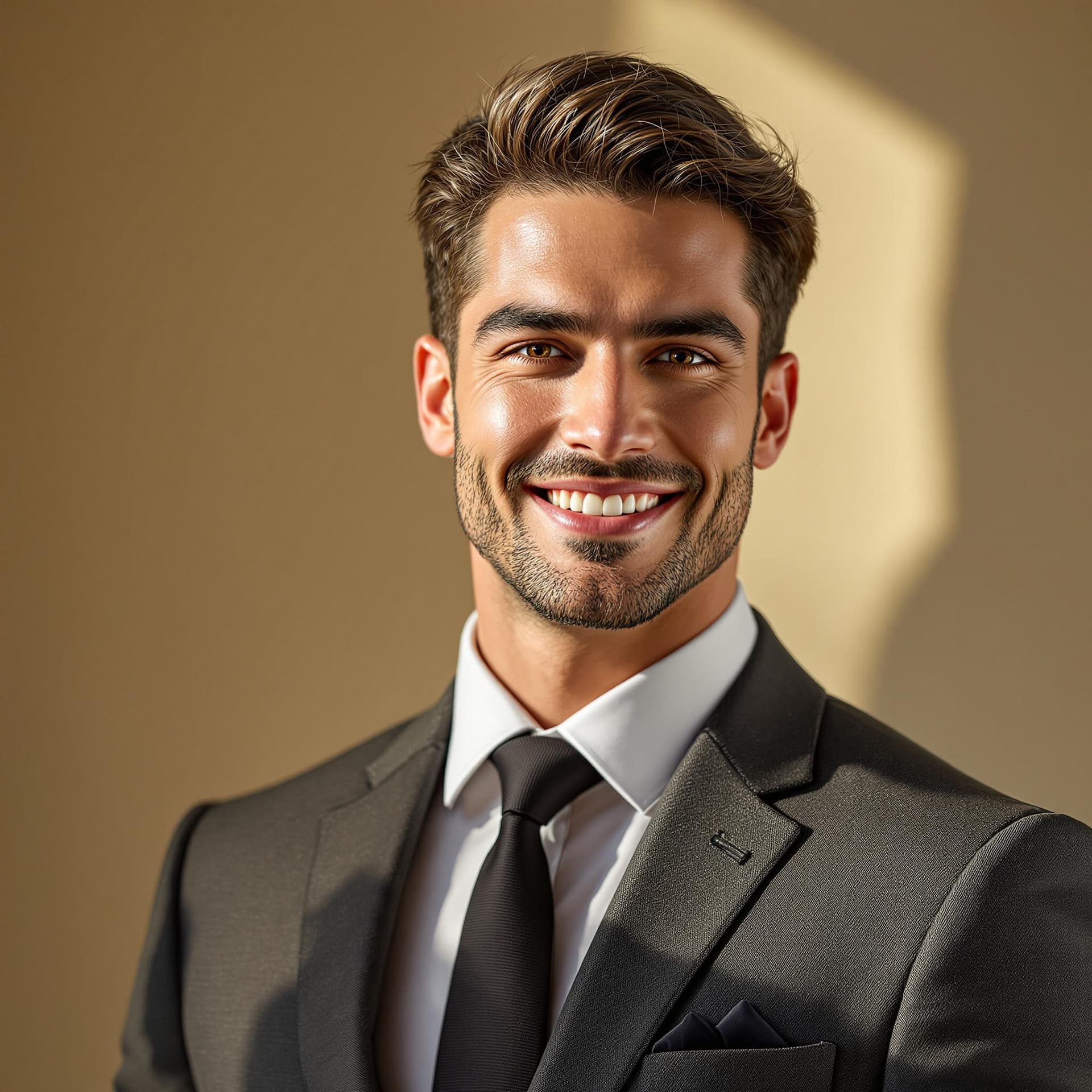 AI generated:  A charismatic young man with chiseled features and a movie star jawline, dressed in a perfectly tai...